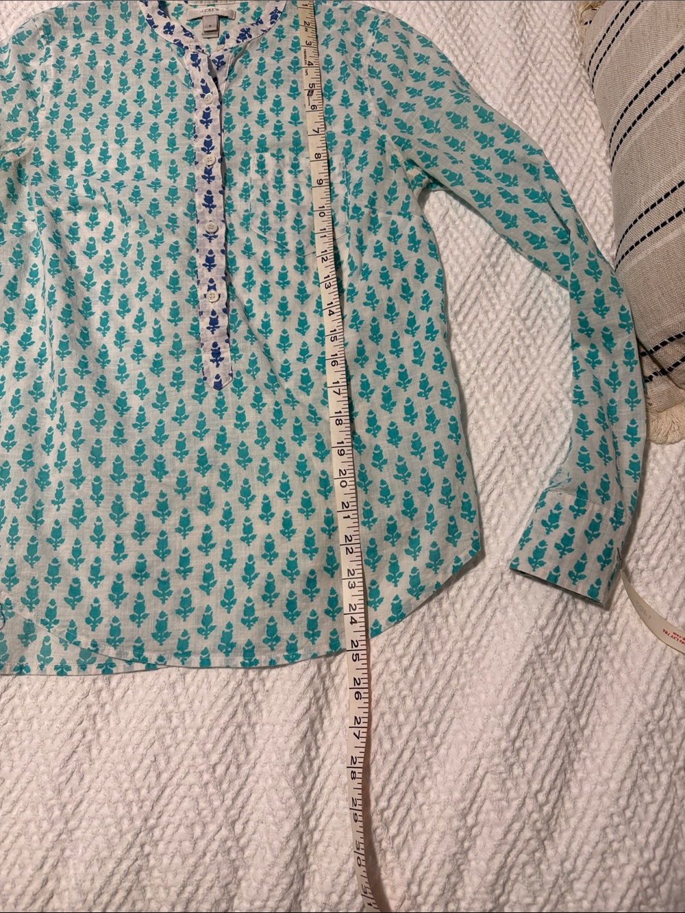 J. Crew White Button-Front Shirt with Teal Allover Print and Blue Trim - Picture 5 of 7